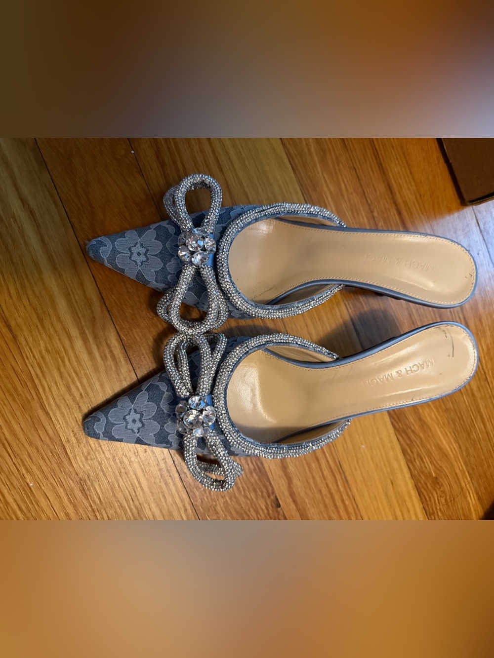 MACH & MACH Denim and Lace Crystal Bow Pointed-Toe Mules